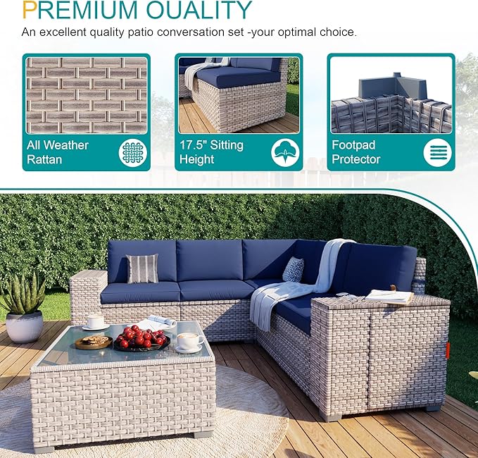 7-Piece Patio Furniture Set, Outdoor Patio Conversation Set with 60,000 BTU Fire Pit Table, PE Rattan Wicker Sectional Sofa with Large Capacity Seats,Widened Armrests, Extra High Backrest, Navy Blue