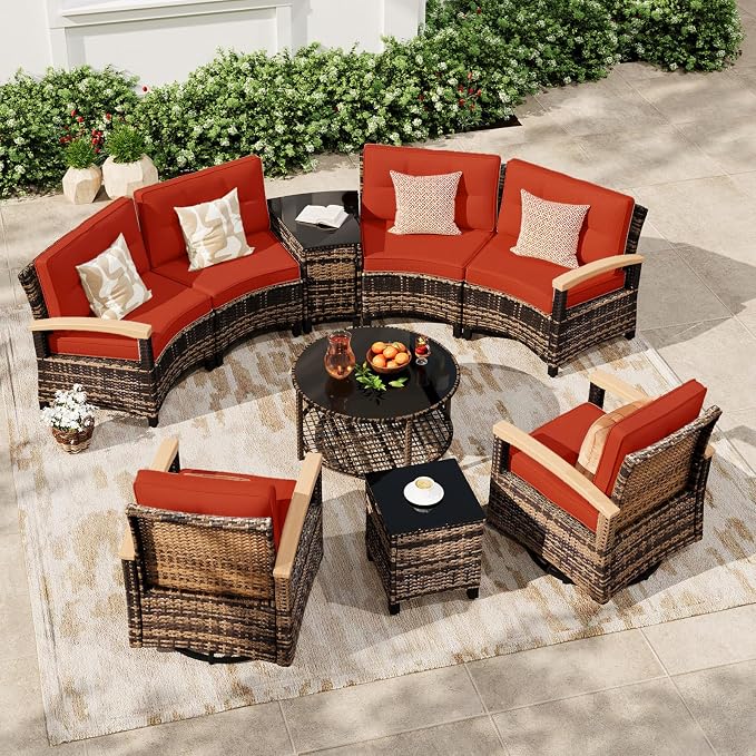 MEISSALIVVE 9-Piece Half-Moon Curved Outdoor Patio Furniture Set, Sectional Conversation Sofa with 2 Swivel Glider Chairs, Coffee & Side Tables for Backyard Deck Garden, Red
