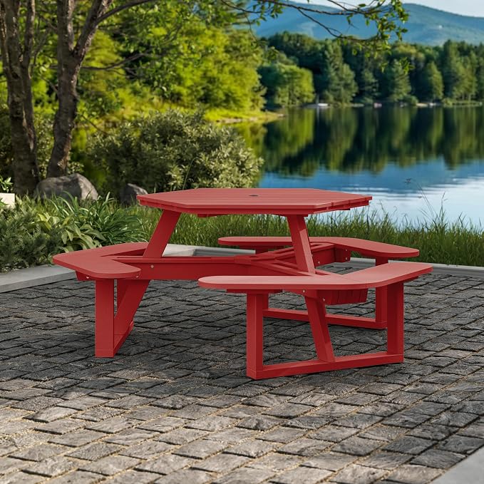 Shoreline Made in USA Hexagon Picnic Table, Seating for 6, Boathouse Red