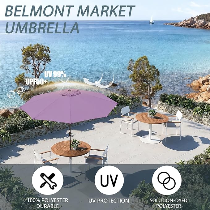 9FT Large Outdoor Patio Umbrella Pool Market Umbrella-UV Resistant, Easy Push Button Tilt and Crank, 8 Sturdy Ribs Heavy-Duty Table Umbrella for Deck, Backyard, Garden(Purple)