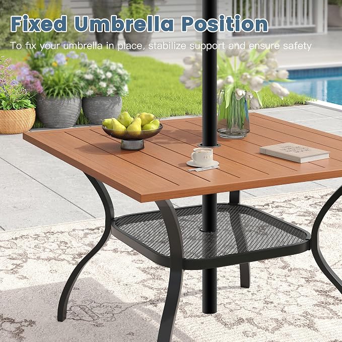 DIFY 5 Pieces Outdoor Dining Set for 4, 37.8" Walnut Square Metal Table with 2 Stackable Wicker Patio Chairs & 2 Swivel Chairs, Patio Furniture Set with Cushions and Umbrella Hole, Wheat Rattan