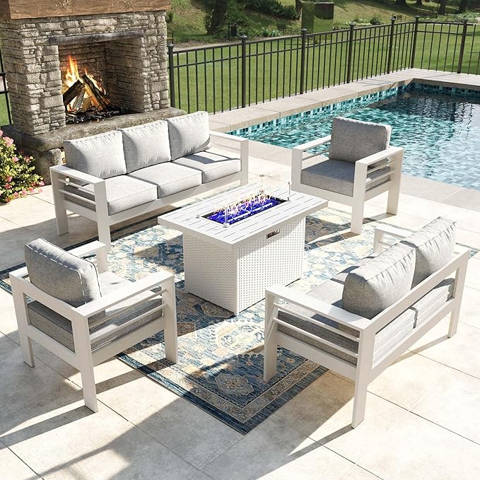 5 Pieces Modern Aluminum Patio Furniture Set with Fire Pit Table, Outdoor Conversation Sets Metal Sectional Sofa