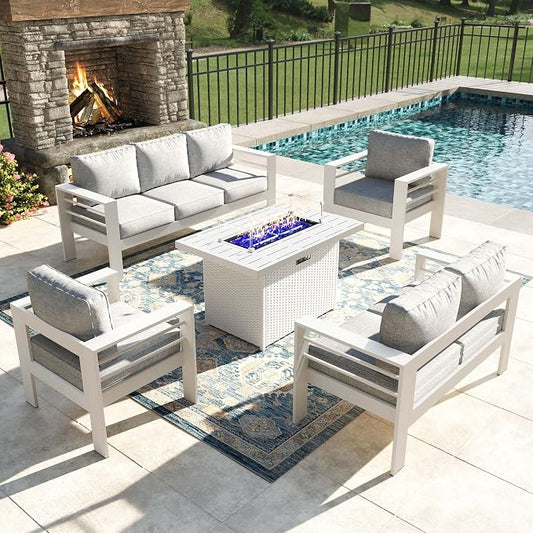 5 Pieces Modern Aluminum Patio Furniture Set with Fire Pit Table, Outdoor Conversation Sets Metal Sectional Sofa