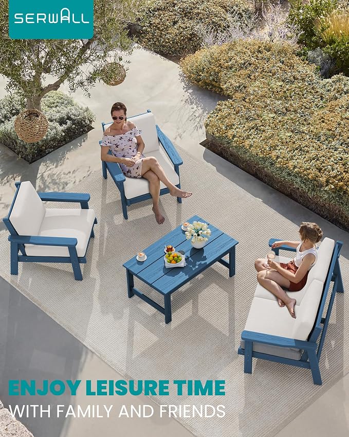 SERWALL HDPE Outdoor Patio Loveseat, Blue Frame and Khaki Cushion
