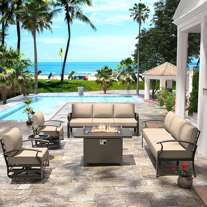 Aluminum Patio Furniture Set with 55,000 BTU Propane Fire Pit Table,8 Seats Metal Modern Outdoor Furniture w/5.1" Cushions,Patio Sectional w/Swivel Chairs for Patio,Backyard,Sand