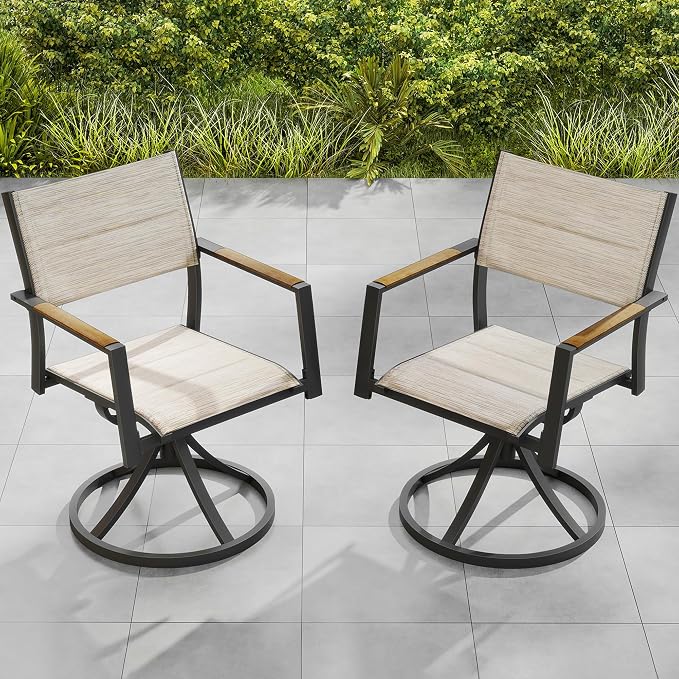 Patio Swivel Chairs Set of 2, Outdoor Swivel Rocker Dining Chair, Outdoor Dining Chair, All Weather Patio Chair with Textilene & Aluminium Frame for Outdoor Poolside Lawn, Brown Armrest