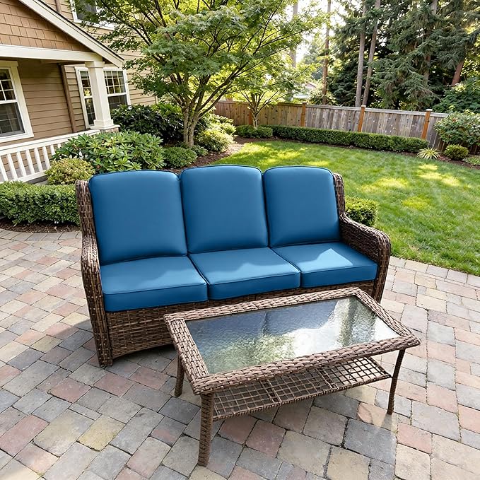 Outdoor Patio Couch, 3 Seater Outdoor Wicker Sofa with Coffee Table, 2 Pcs High Back Rattan Couch with Thick Cushions, Outdoor Deep Seating Conversation Sets for Deck Yard and Poolside, Peacock Blue