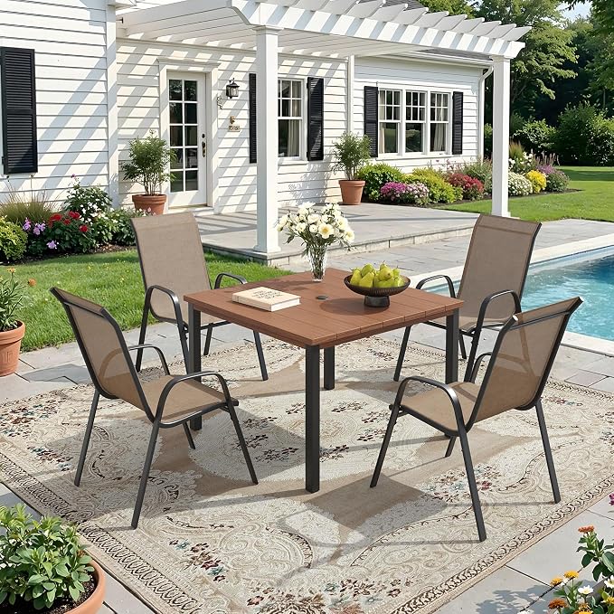 DIFY 5 Piece Outdoor Dining Set, 40" Walnut Square Metal Patio Table and Brown Textilene Stackable Chairs for 4, All Weather Patio Furniture Set with Umbrella Hole for Backyard Garden Deck