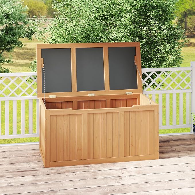 Domesto 112 Gallon Extra-Large Outdoor Deck Box, Solid Wood Storage Box Seat & Table Top, For Patio Cushions, Pool, Garden Tools (Light Brown, 67 Gallon)