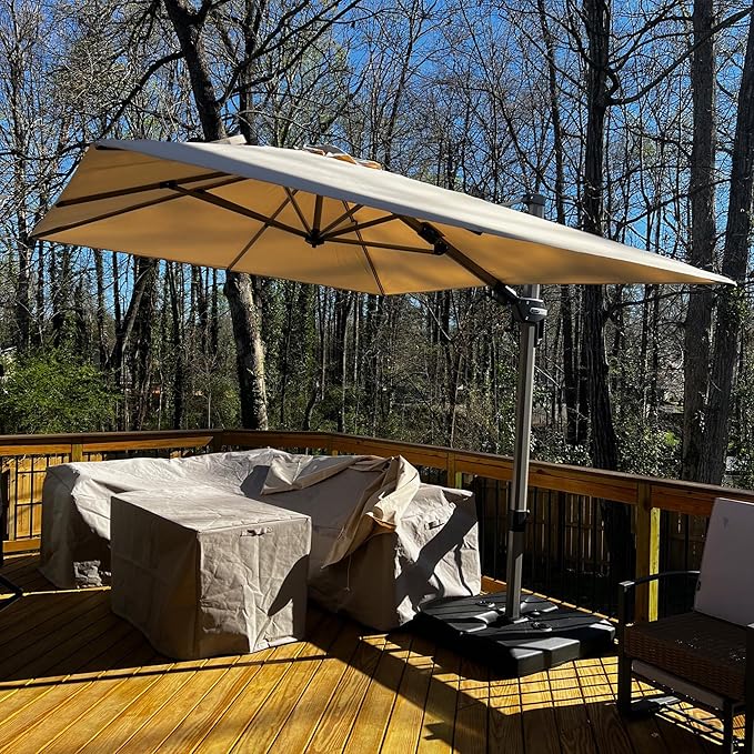 PURPLE LEAF 8' X 10' Left-right Tilting Patio Umbrella Outdoor Swivel Cantilever Umbrella Aluminum Offset Umbrella with Champagne Frame and 360-degree Rotation for Garden Deck Pool, Beige