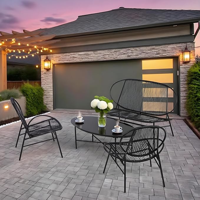Magshion 4-Piece Outdoor Patio Furniture, All-Weather PE Rattan Wicker Loveseat and Chairs Conversation Set with Steel Coffee Table for Garden Backyard