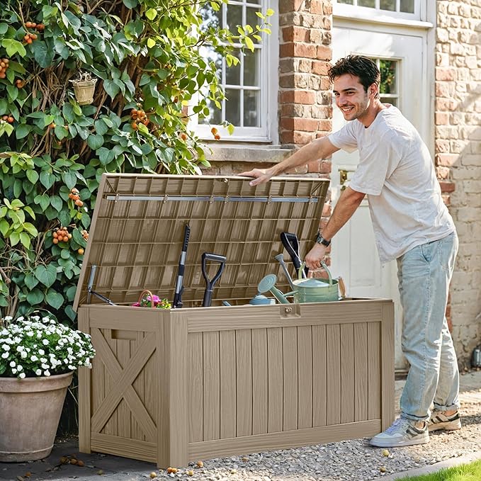 Greesum 120 Gallon Deck Box, Resin Outdoor Storage Container for Patio Furniture, Garden Tools, Pool Accessories, Weatherproof, Lockable, Coffee