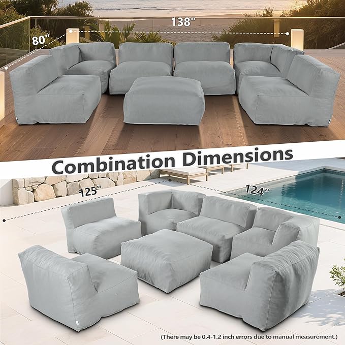 Patio Furniture Set, 7 Pcs Outdoor Conversation Set with Bean Bag Middle Chairs, Corner Chair, Ottomans, Modern Foam Couch Set for Garden, Deck, Balcony (7, Light Gray)