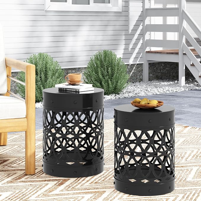 Set of 2 Round Metal Patio Side Tables Steel Accent End Tables with Geometric Circle Cut-Outs Weather Resistant Small Outdoor Furniture for Deck Pool Yard Balcony No Assembly,Black