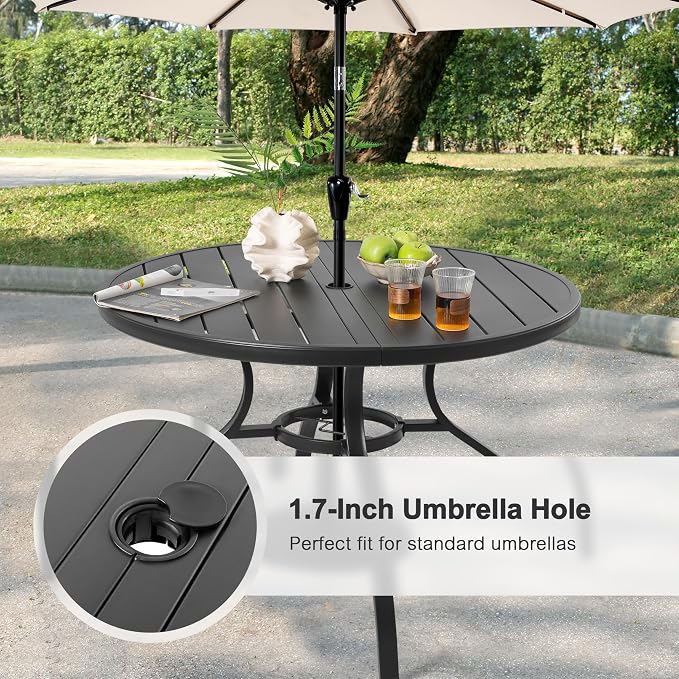 NUU GARDEN 5-Piece Patio Dining Set with Umbrella Hole, Stackable Textilene Chairs with High Back and Faux Wood Armrests, All-Weather Outdoor Dining Set Patio Furniture Set, Black and Khaki