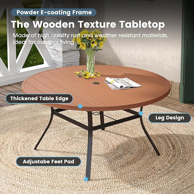 DIFY 9 Pieces Outdoor Patio Dining Set, 8 Brown Padded Textilene Swivel Dining Chairs and 56.3" Walnut Round Dining Table with Faux Wood Top, Outdoor Table and Chairs for Poolside Backyard Deck