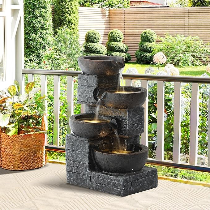 Outdoor Water Fountain, 4-Tier Cascading Rock Bowls Waterfall Fountains w/LED Lights for Garden Yard Decor, Indoor Floor-Standing Resin Water Feature for Patio Deck Porch and Home (Brown)