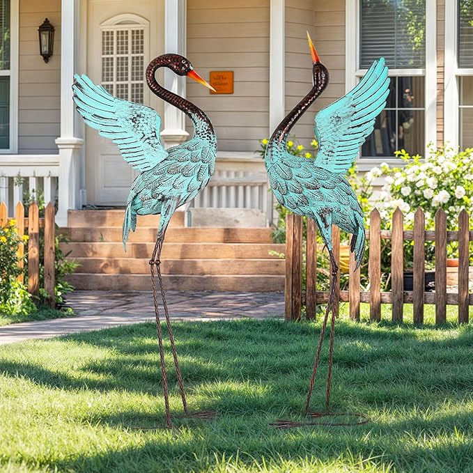 47.5" Blue Heron Decor, Metal Crane Statue Handcrafted | Extra-Large Metal Garden Bird Animal Yard Art, Stable U-Ground Stakes, Backyard Decoration for Lawn