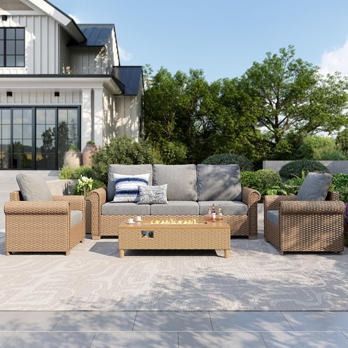 MIXPATIO Patio Furniture Set, 4 Piece Wicker Outdoor Furniture Set with Fire Pit Table & Thick Waterproof Cushions, 5 Seats Patio Conversation Set for Backyard Deck, Gray