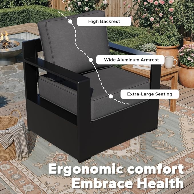 Outdoor Aluminum Furniture Set, 5-Piece Patio Conversation Set, 2 Swivel Chairs, 2 Sofa and 1 Fireplace, All-Weather Metal Frame, 6" Thick Removable Cushions, Deep Setting for Garden and Porch