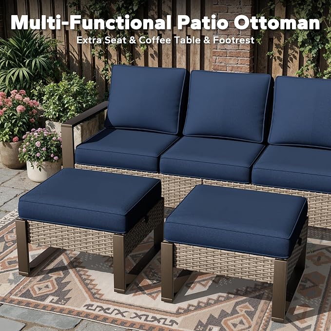 Joyside Outdoor Patio Chairs, 5 Pieces Wicker Rattan Furniture Set, 2 Patio Chairs, 2 Sofa and 2 Ottoman, Metal Wide Armrest, Thick Cushions and Deep Seating for Garden, Backyard, Porch, Deck