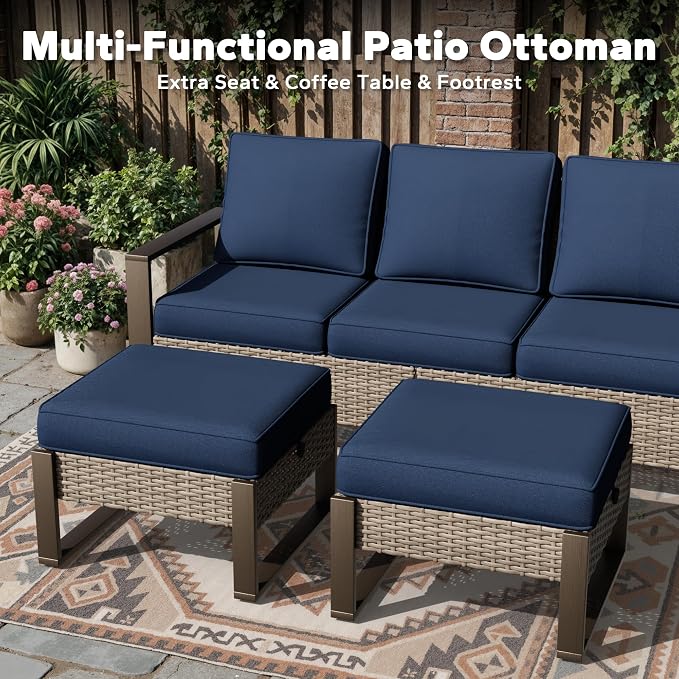 Joyside Outdoor Patio Sofa, 4 Pieces Wicker Rattan Furniture Set, 1 Patio Couch and 2 Ottoman, Metal Wide Armrest, Thick Cushions and Deep Seating for Garden, Backyard, Porch, Deck