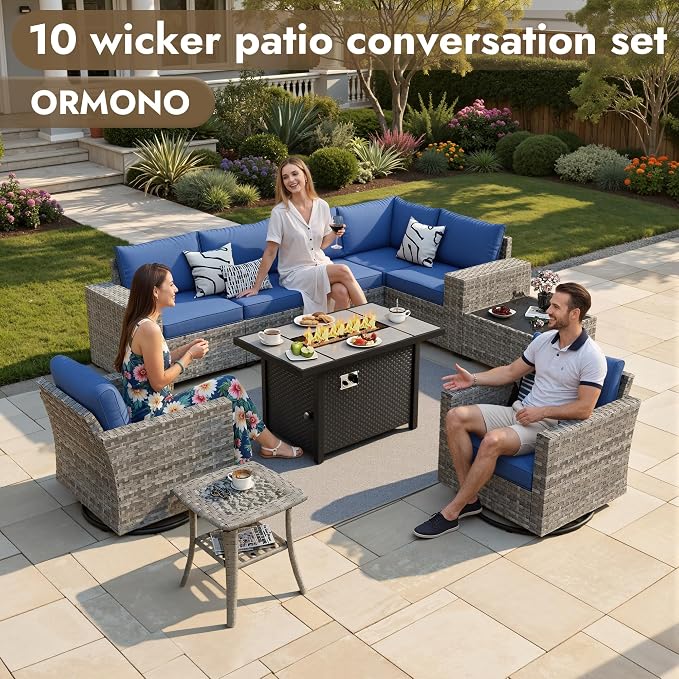 10 Pieces Outdoor Patio Sectional, Wicker Patio Furniture Set with 42 inch Fire Pit Table, All-Weather L Shaped Patio Conversation Set with Swivel Chairs, for Backyard Porch Yard,Navy Blue