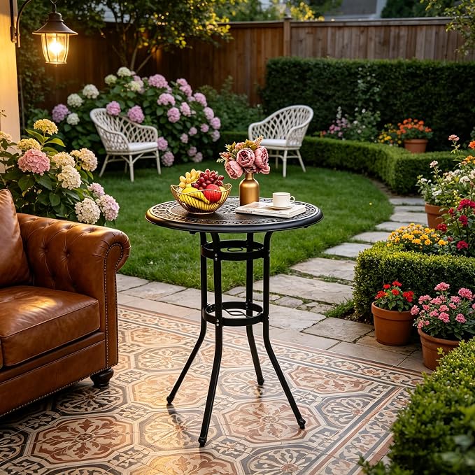 Bar Height Patio Table- Round High Top Outdoor Table, Small Pub Height Bistro Tables, Cast Aluminum All Weather Cocktail Tables with Umbrella Hole & Antique Design 41" H for Yard Porch Garden
