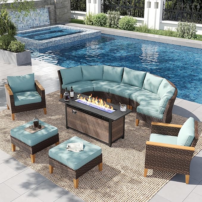 PHI VILLA Half-Moon Patio Furniture Set with 56" Fire Pit Table, Wicker Outdoor Curved Sectional Sofa with Cushions, Ottomans, Large Conversation Seating for Garden or Backyard, Aqua Blue