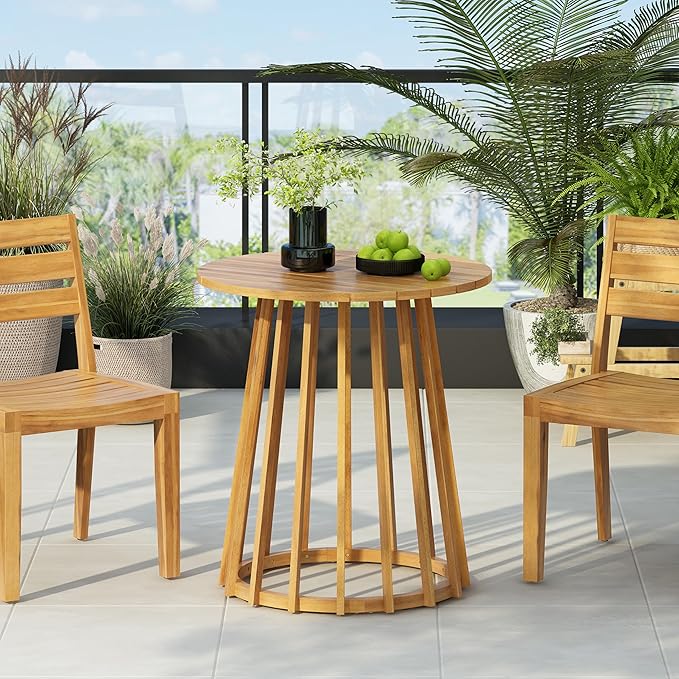 Christopher Knight Home Fenton Patio Garden Rustic Acacia Wood Dining Table, Outdoor Round Top Bistro Table, Outside Coffee Table, Sturdy and Weather-Resistant, Porch/Backyard/Balcony, Teak Finish
