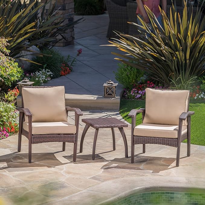 Christopher Knight Home Honolulu PE Club Chairs and Accent Table Set, 3-Pcs Set, Brown
