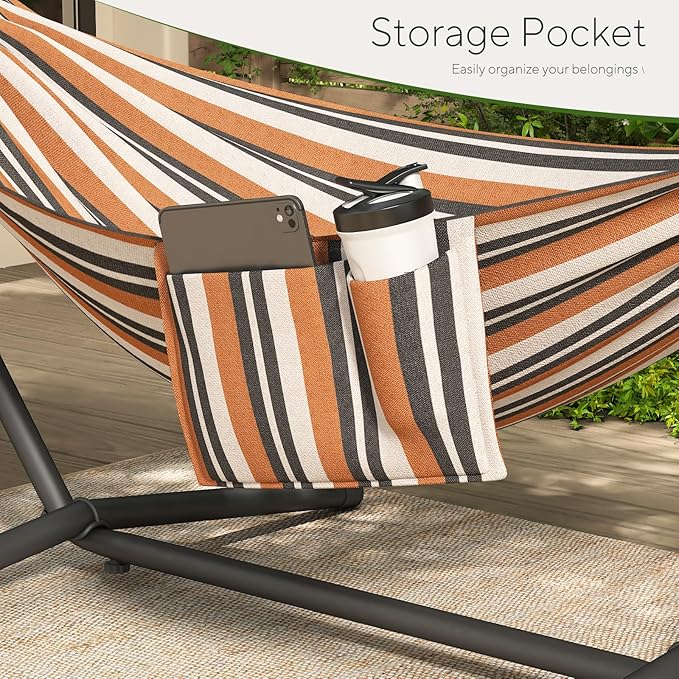 600lbs Hammock with Stand for Outside, 2 Person Portable Hammock with Side Storage, Carrying Bag, Expend Wooden Bar for Outdoor or Indoor (Brown Black)