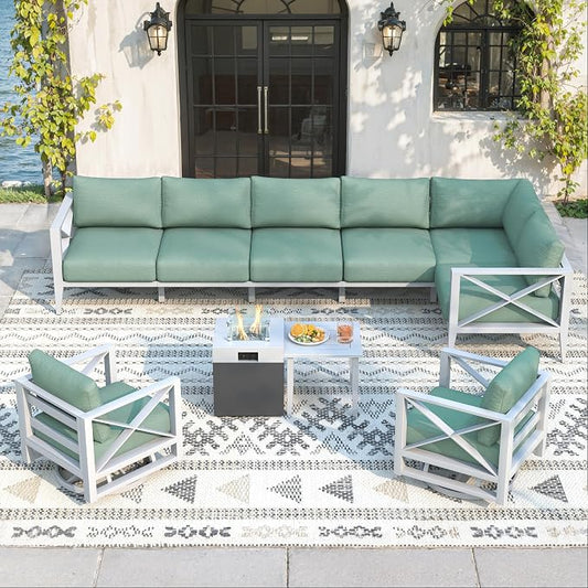 Aluminum Outdoor Patio Furniture Set with Fire Pit, 10-Piece Outdoor Sectional with 5.2" Thick Cushions, Patio Conversation Sets for Backyard,(White,8 Seats)