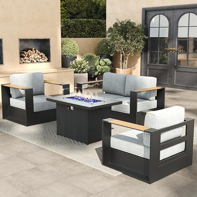 Aluminum Patio Furniture Set, 4 Seats Luxury Seating Furniture with 44" Fire Pit Table, All Weather Outdoor Conversation Sets with 6" Thickened Cushions