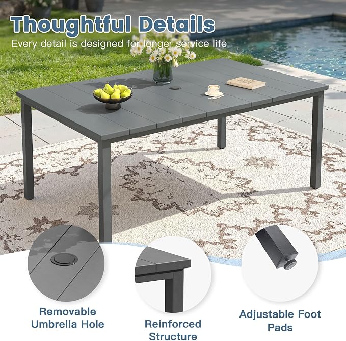 DIFY 7 Piece Outdoor Patio Dining Set for 6, 63" Rectangle Metal Dining Table and Swivel Patio Chairs with Padded Textilene, All-Weather Outdoor Furniture Set for Garden Backyard Porch, Grey