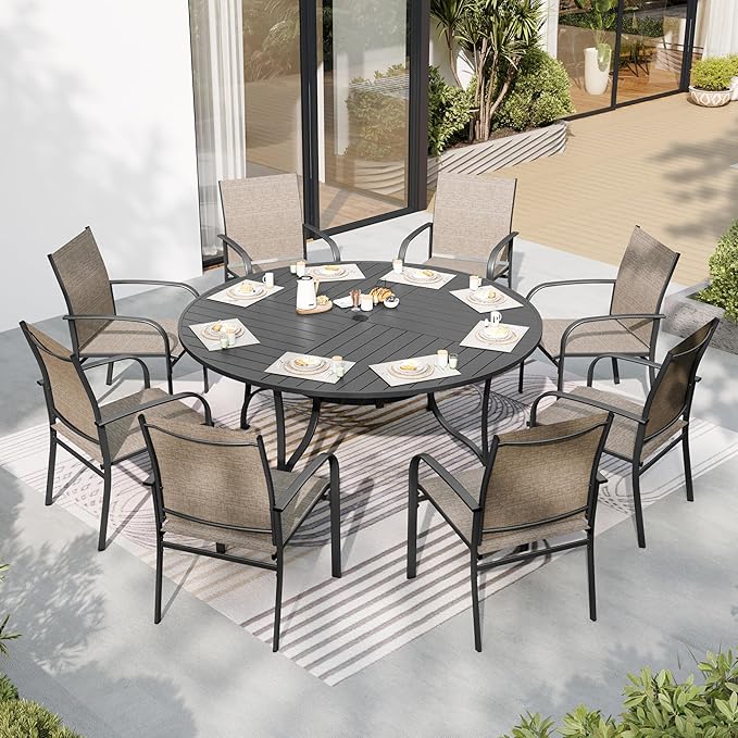 SUNSHINE VALLEY Patio Dining Set for 8, 67" Round Metal Table with Umbrella Hole, 8 x Stable Brown Dining Chairs, Outdoor Table and Chairs Set for Lawn Backyard and Deck