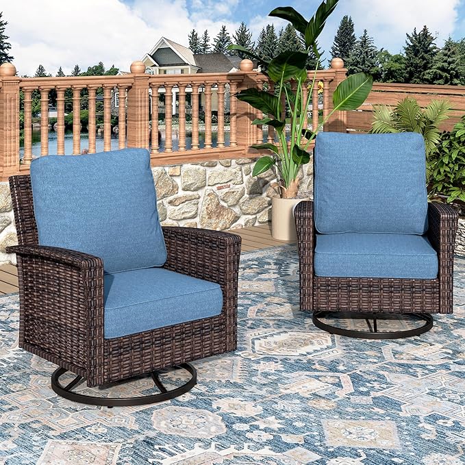 Swivel Patio Wicker Chairs Set of 2, High Back Outdoor Swivel Patio Rattan Chairs with 5.5" Thick Cushions for Bistro Balcony Porch Deck and Yard, Navy Blue