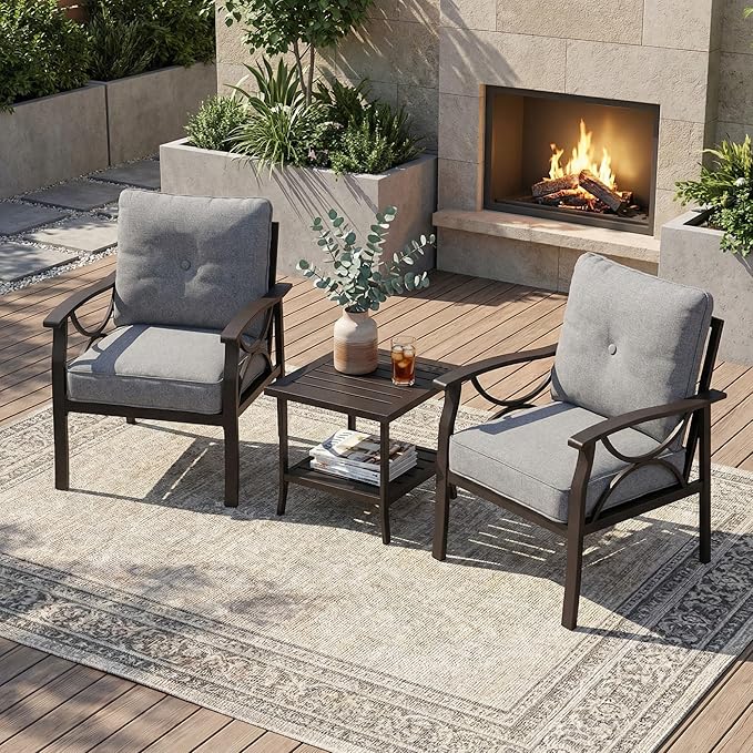 RoyalCraft Outdoor Patio Furniture Set, 3 Piece Patio Conversation Set, Metal Furniture Set for Porch Backyard,Khaki Metal Furniture with Gray Cushions