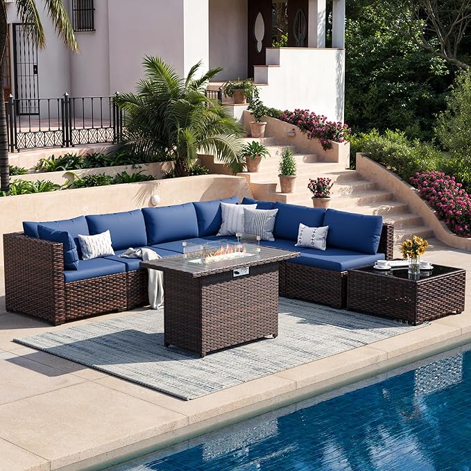 8 Piece Patio Furniture Set with 44" Fire Pit Table, Outdoor Sectional Wicker Rattan Sofa Set with Coffee Table (Navy Blue/Brown)