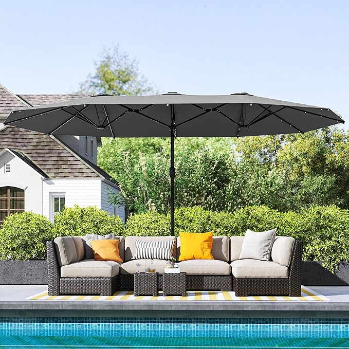 Outsunny 14.4ft Large Patio Umbrella with 36 Solar LED Lights, Double Sided Outdoor Umbrella with Base Included