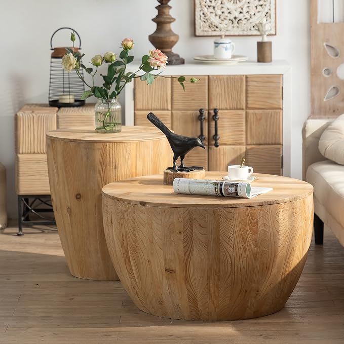 Vintage Drum Coffee Table Set, Wood Round Coffee Table Set of 2, Drum Side Table End Table Bucket Shaped Coffee Tables for Living Room Dining Room, No Need Assembly (Set of 2)