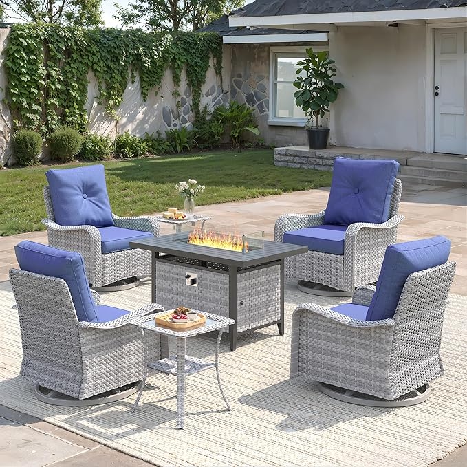 7-Piece Outdoor Conversation Set with 43" Fire Pit Table, 4 Swivel Rocking Chairs (4" Cushions) & 2 Side Tables, All-Weather PE Rattan & Steel Frame for Porch, Deck, Backyard, Blue
