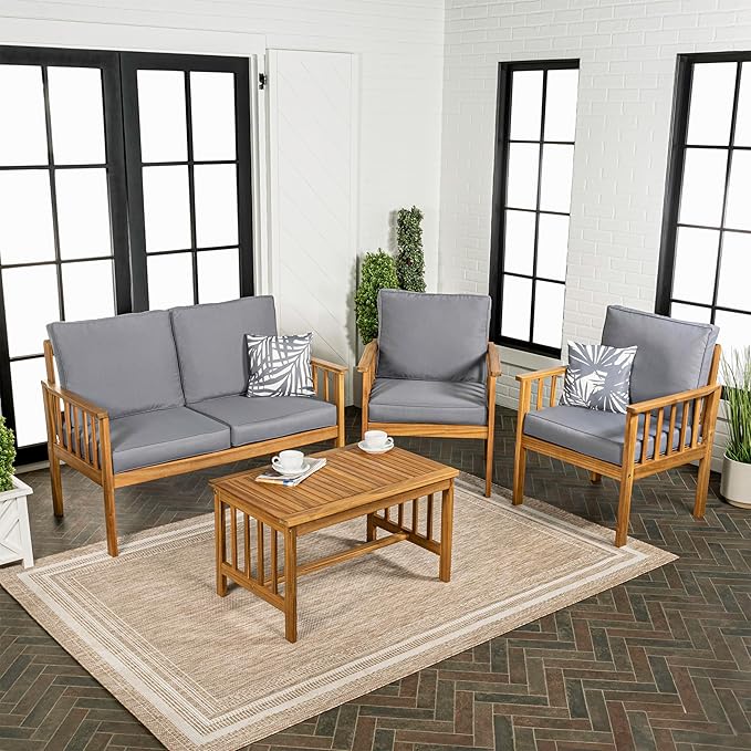 JONATHAN Y LVG1201A-4SET Everly 4-Piece Modern Cottage Acacia Wood Outdoor Patio Set with Cushions and Tropical Decorative Pillows Classic, Coastal, Traditional, Vintage, Mid-Century, Gray/Teak Brown
