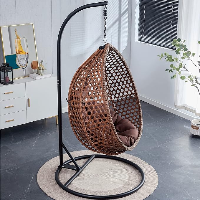 Hanging Egg Swing Chair with Stand, Rattan Wicker Hanging Egg Chair Hammock Indoor with Cushions, Swinging Chair for Bedroom Outdoor Patio Balcony Backyard Sunroom Heavy Duty 350LBS (Brown)