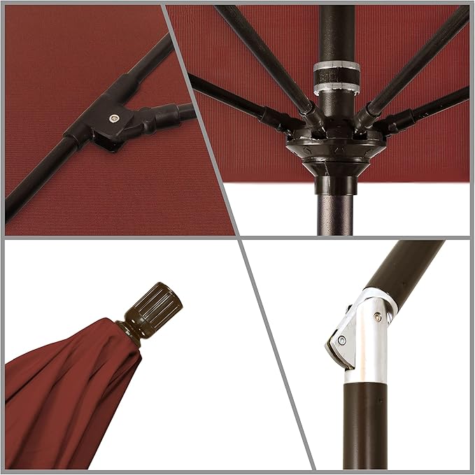 California Umbrella 9' Round Crank Lift, Collar Tilt, Aluminum Pole, Fiberglass Rib Patio Umbrella, Bronze Finish, Sunbrella Henna