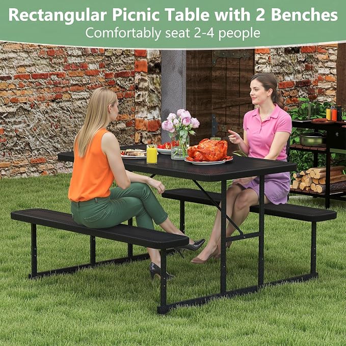 Picnic Table Set for 2-4 People, Umbrella Hole, Heavy-Duty Metal Frame & 2 Benches, HDPE Rectangular Outdoor Dinning Table & Benches for Outside, Patio, Garden, Backyard, Porch (Black)