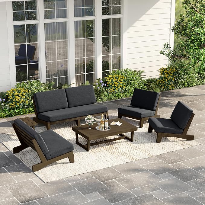6 Piece Wood Outdoor Patio Frutnire Set, 7 Seater Patio Conversation Sets with Thick Cushions, Outdoor Sectional Furniture with Coffee Table - Dark Gray