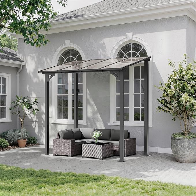 ALAULM 8'x 5' Outdoor Hardtop Pergola,Wall Mounted Lean to Gazebo with Sloped Sun Panel Roof,Galvanized Metal Frame,Sunshade for Patio, Backyard, Deck and Poolside