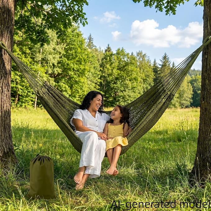 Handwoven Mayan Hammock with Carry Bag, 2 Person Family Size Cotton Nylon Rope Hammock, 500 lb Capacity, Portable Handmade Hammock for Camping, Backyard, Porch, Indoor Outdoor Use