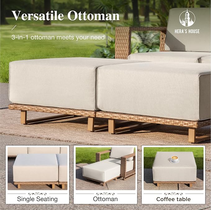 HERA'S HOUSE Patio Sectional Furniture Set, 8 Pieces Outdoor Yellow Rattan Wicker Sofas, Modular Deep Seating Conversation Set with 10" Thick Cushion, Low Profile Deck Yard Lawn Furniture